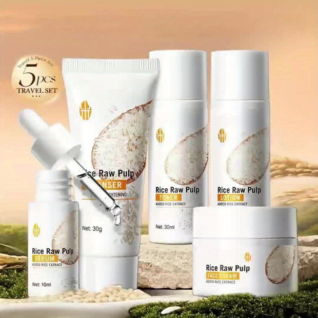 Rice Light Beige Care Set, 5pcs Moisturizing Facial Care Set for Women, Rice Shampoos Facial Light Beige Care Set, Including Rice Cleanser, Toner, Essence, Cream, Lotion. Mini Travel Size