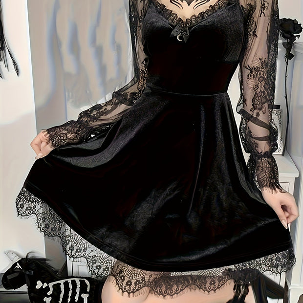 Plus Size, Dark European Hip-Hop Style Contrast Lace Fashion Bustier Flare Sleeve Plus Size Dress