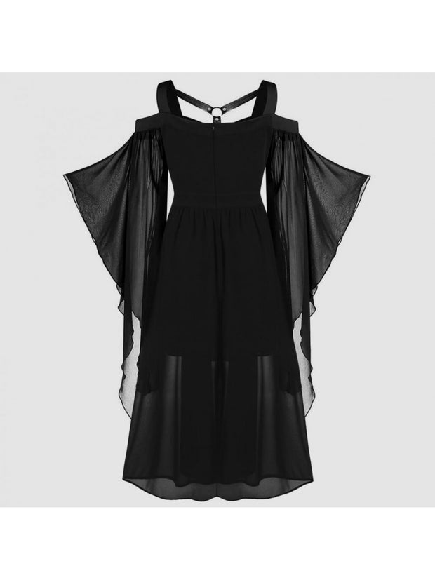 Plus Size, Women's Plus Size Gothic Halloween Witch Dress with Strapless Tie-Waist, Bell Sleeves & Irregular Patchwork - Long A-Line Skirt, Lace-like Hem, Machine Washable Elegant Party & Everyday Maxi Dress