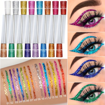 16pcs Explosive Glitter Golden Onion Powder Eyeliner Liquid Set Full Color Sequin Glitter Sleeping Silkworm Eye Shadow Brightening Liquid Party, Stage Makeup Makeup Tools Perfect Gift for Mother'S Day
