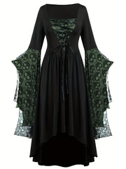 Plus Size, Women's Gothic Plus Size Elegant Witch Dress with Skull & Bat Lace Sleeves, A-Line Floor-Length Formal Halloween Costume, Machine Washable All-Season Party Dress with Belted Waist & Ruffled Hem - Victorian-Style St