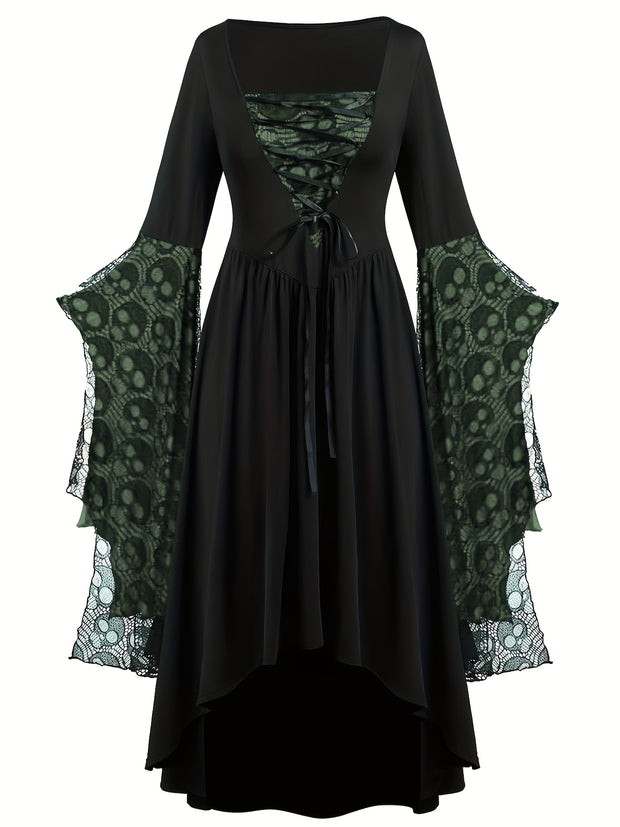 Plus Size, Women's Gothic Plus Size Elegant Witch Dress with Skull & Bat Lace Sleeves, A-Line Floor-Length Formal Halloween Costume, Machine Washable All-Season Party Dress with Belted Waist & Ruffled Hem - Victorian-Style St
