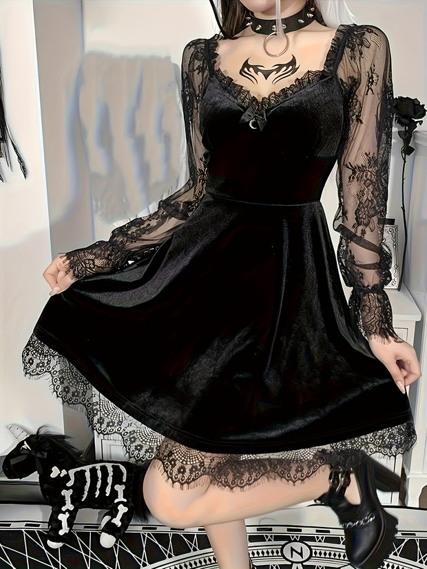 Plus Size, Dark European Hip-Hop Style Contrast Lace Fashion Bustier Flare Sleeve Plus Size Dress