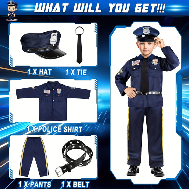 Police Officer Costume For Kids - Police Uniform For Kids, Kids Halloween Costumes For Boys Girls, Toddler Dress Up, Cop Costume Role Play Kit For Halloween Career Day