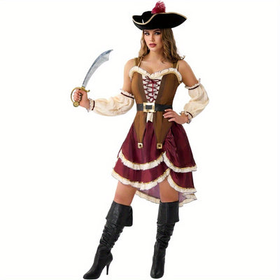 Women'S Pirate Costume Dress with Matching Hat - Elegant Burgundy & Golden Pirate Outfit, Flared Skirt for Halloween, Themed Parties, Cosplay - Pirate Party Attire for Adults, Pirate Costume Accessories, Themed Event Attire,