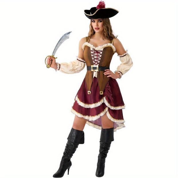 Women'S Pirate Costume Dress with Matching Hat - Elegant Burgundy & Golden Pirate Outfit, Flared Skirt for Halloween, Themed Parties, Cosplay - Pirate Party Attire for Adults, Pirate Costume Accessories, Themed Event Attire,