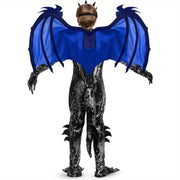 SYNCFUN Halloween Dragon Costume for Kids - Blue & Black Winged Dragon with Tail & Mask Set, All-Season Dress Up for Boys, Halloween Costume, Festive Attire, Detailed Craftsmanship, Durable Fabric, Best for Christmas, Perfect