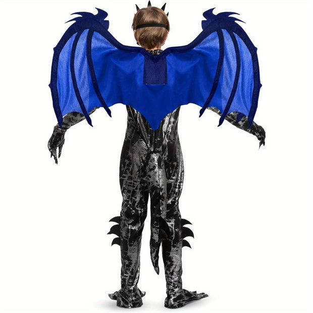 SYNCFUN Halloween Dragon Costume for Kids - Blue & Black Winged Dragon with Tail & Mask Set, All-Season Dress Up for Boys, Halloween Costume, Festive Attire, Detailed Craftsmanship, Durable Fabric, Best for Christmas, Perfect