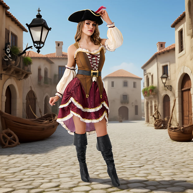 Women'S Pirate Costume Dress with Matching Hat - Elegant Burgundy & Golden Pirate Outfit, Flared Skirt for Halloween, Themed Parties, Cosplay - Pirate Party Attire for Adults, Pirate Costume Accessories, Themed Event Attire,