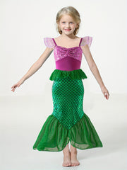 Mermaid Princess Dress with Fish Scale Print, Featuring Flutter Sleeves And a Strap Design, Perfect for Princess Parties And As a Gift for Festivals.