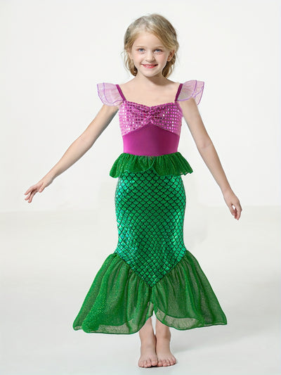Mermaid Princess Dress with Fish Scale Print, Featuring Flutter Sleeves And a Strap Design, Perfect for Princess Parties And As a Gift for Festivals.