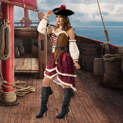 Women'S Pirate Costume Dress with Matching Hat - Elegant Burgundy & Golden Pirate Outfit, Flared Skirt for Halloween, Themed Parties, Cosplay - Pirate Party Attire for Adults, Pirate Costume Accessories, Themed Event Attire,