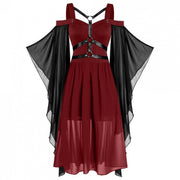 Plus Size, Women's Plus Size Gothic Halloween Witch Dress with Strapless Tie-Waist, Bell Sleeves & Irregular Patchwork - Long A-Line Skirt, Lace-like Hem, Machine Washable Elegant Party & Everyday Maxi Dress