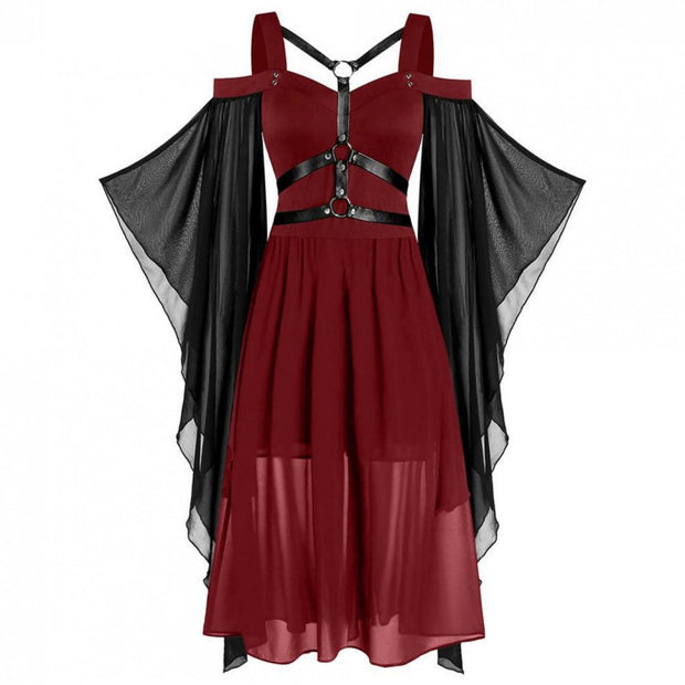 Plus Size, Women's Plus Size Gothic Halloween Witch Dress with Strapless Tie-Waist, Bell Sleeves & Irregular Patchwork - Long A-Line Skirt, Lace-like Hem, Machine Washable Elegant Party & Everyday Maxi Dress