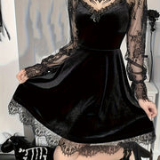 Halloween Waist-Cinching Dress, Gothic Dark Style Contrast Lace Long-Sleeve A-Line Party Performance Costume