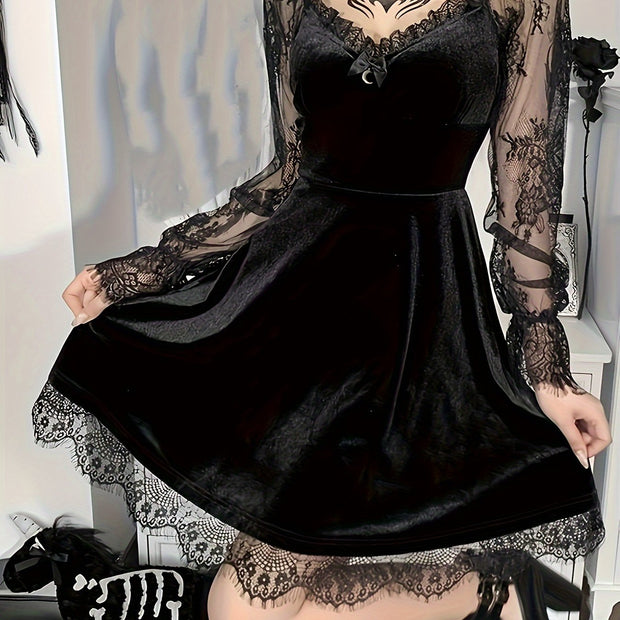 Halloween Waist-Cinching Dress, Gothic Dark Style Contrast Lace Long-Sleeve A-Line Party Performance Costume