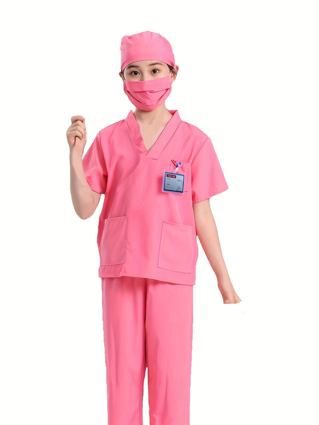 6pcs Set V-neck Top + Pants + Hat + Mask+ Name Card + Embroidered White Coat, Youngers Doctor Nurse Uniform Professional Costume Kindergarten Surgical Suit Role-playing Games Birthday Clothes Performance Party Mardi Gras, Car