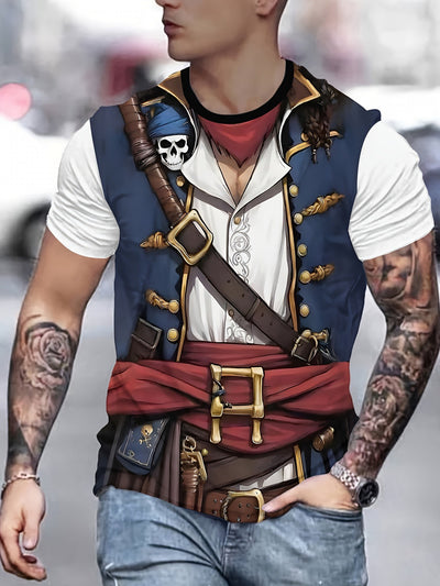 Men's Pirate Costume Shirt with Treasure Chest Buckle & Cross Belt - Plus Size Available - Historical Pirate Outfit with Golden Accent Trim, Machine Washable Fabric for Themed Parties, Renaissance Fairs, Cosplay - Comfortable