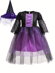 Black Lace Trumpet Sleeve Patchwork Purple Hooded Witch Dress + Witch Hat with Sparkling Sequin Decorations on the Skirt, Suitable for Halloween Gifts for 3-10 Years Old