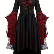 Plus Size, Women's Gothic Plus Size Elegant Witch Dress with Skull & Bat Lace Sleeves, A-Line Floor-Length Formal Halloween Costume, Machine Washable All-Season Party Dress with Belted Waist & Ruffled Hem - Victorian-Style St