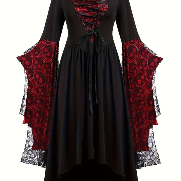 Plus Size, Women's Gothic Plus Size Elegant Witch Dress with Skull & Bat Lace Sleeves, A-Line Floor-Length Formal Halloween Costume, Machine Washable All-Season Party Dress with Belted Waist & Ruffled Hem - Victorian-Style St