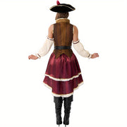 Women'S Pirate Costume Dress with Matching Hat - Elegant Burgundy & Golden Pirate Outfit, Flared Skirt for Halloween, Themed Parties, Cosplay - Pirate Party Attire for Adults, Pirate Costume Accessories, Themed Event Attire,
