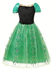 Girls' Bubble Sleeve Mesh Patchwork Print Dress, Long Princess Gown for Birthday Party, Christmas, Halloween Carnival, and Costume Ball