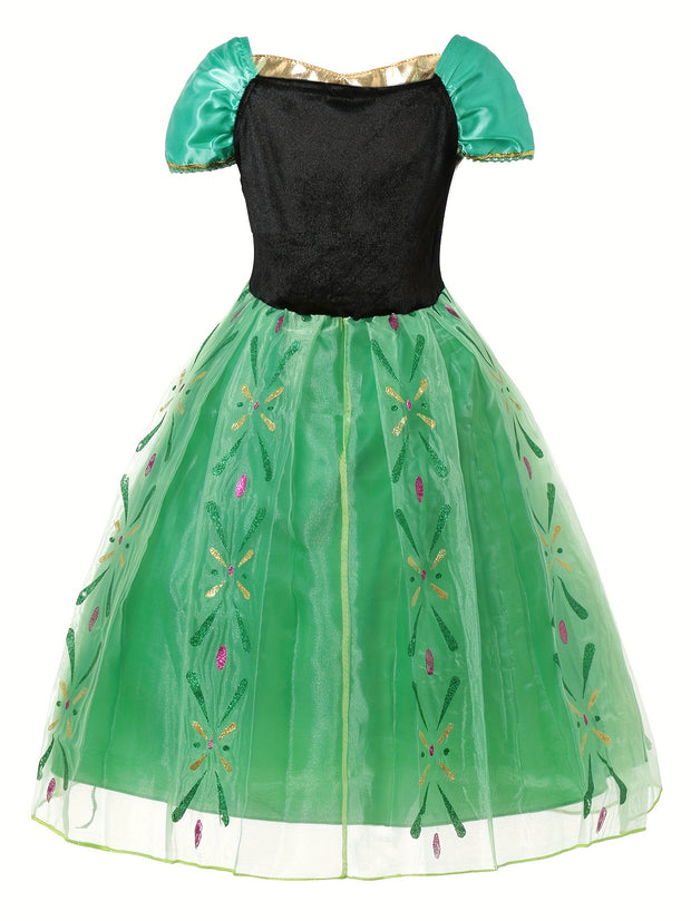 Girls' Bubble Sleeve Mesh Patchwork Print Dress, Long Princess Gown for Birthday Party, Christmas, Halloween Carnival, and Costume Ball