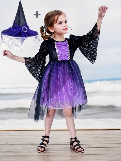 Black Lace Trumpet Sleeve Patchwork Purple Hooded Witch Dress + Witch Hat with Sparkling Sequin Decorations on the Skirt, Suitable for Halloween Gifts for 3-10 Years Old
