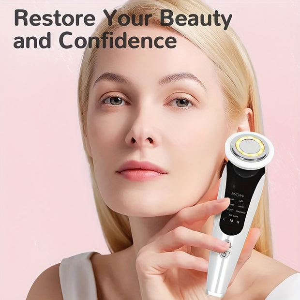 7-in-1 Facial and Neck Massager with USB-Powered, LCD Modes (Cleanse/Care/Massage), Portable Light Beige Care Device for, Collagen Boost, Pore Tightening - Home & Travel Beauty Tool, Ideal Gift for Women & Girls, Facial Massa