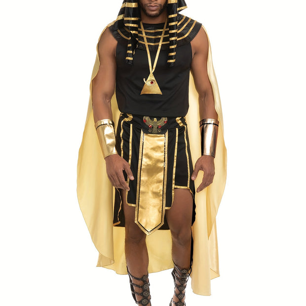 Men Egyptian Costume Set, 7 Pcs Golden Trim Tank Tops Skirt Arm Sleeves Headwear Necklace Halloween Cosplay Outfits