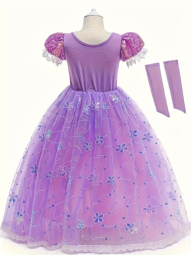 Girls' LED Princess Dress with Glow-in-the-Dark Lights - Magical Purple & Pink Party Ball Gown with Ruffled Sleeves & Layered Skirt for Birthday, Halloween, Christmas Costumes - All-Season Wear, Easy-to-Wear LED Dress for Gir