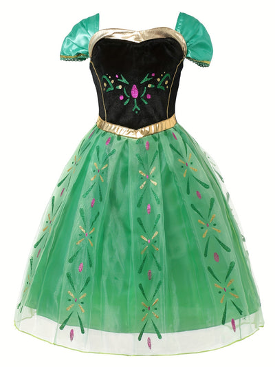 Girls' Bubble Sleeve Mesh Patchwork Print Dress, Long Princess Gown for Birthday Party, Christmas, Halloween Carnival, and Costume Ball