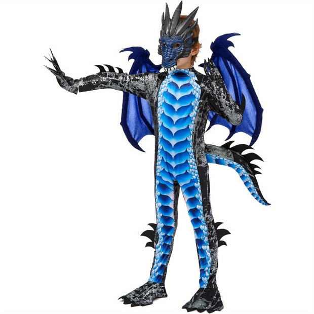 SYNCFUN Halloween Dragon Costume for Kids - Blue & Black Winged Dragon with Tail & Mask Set, All-Season Dress Up for Boys, Halloween Costume, Festive Attire, Detailed Craftsmanship, Durable Fabric, Best for Christmas, Perfect
