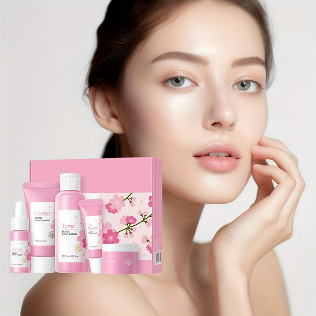 Skin Care Set, Cherry Blossom Skin Care Sets & Kits, Skin Care For Teenage Girls Gift Set With Cleanser, Toner, Serum, Eye Cream, Facial Cream, Facial Skin Care Sets & Kits For Teenage Girls Women