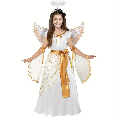 SYNCFUN Halloween Angel Costume for Girls - Golden & White Polyester Dress with Wings, Belt, and Tulle Skirt for Halloween RolePlay Themed Parties, Halloween Costume, Halloween Party Attire, Decorative Belt, Smooth Texture Fa