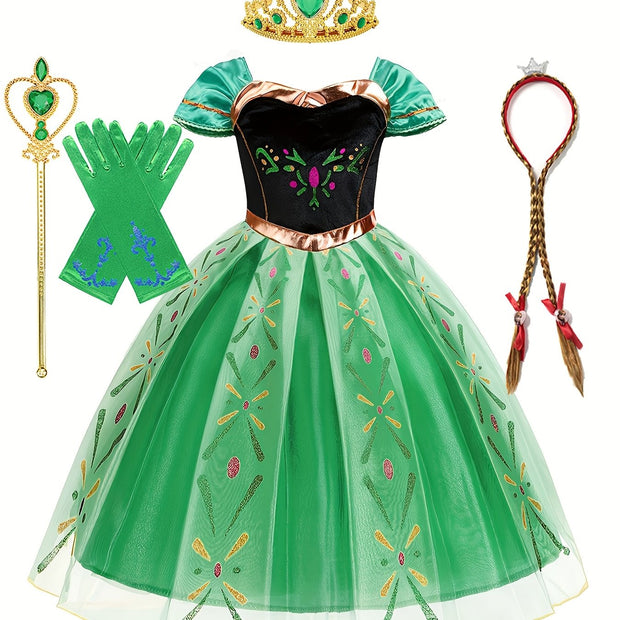 Girls' Bubble Sleeve Mesh Patchwork Print Dress, Long Princess Gown for Birthday Party, Christmas, Halloween Carnival, and Costume Ball