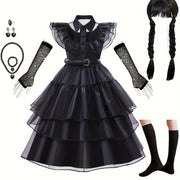 Girls' V-Neck Ruffle Button Solid Color High Neck Black Dress Long Skirt Cosplay Princess Birthday Party Christmas Halloween Dance Party Dress with Wig, Stockings, Necklace Set and Gloves 5pcs Set