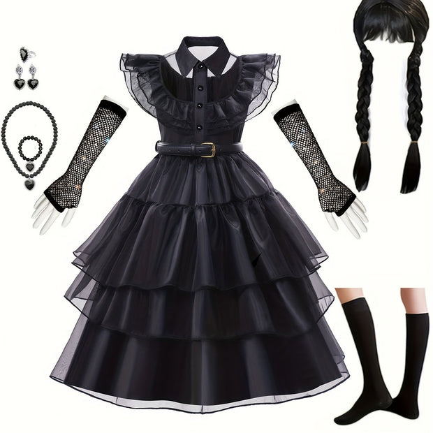 Girls' V-Neck Ruffle Button Solid Color High Neck Black Dress Long Skirt Cosplay Princess Birthday Party Christmas Halloween Dance Party Dress with Wig, Stockings, Necklace Set and Gloves 5pcs Set