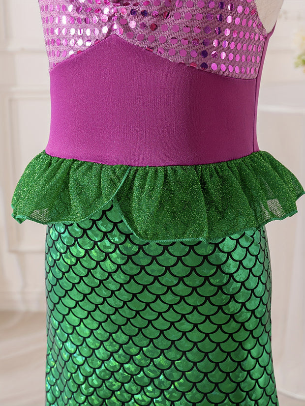 Mermaid Princess Dress with Fish Scale Print, Featuring Flutter Sleeves And a Strap Design, Perfect for Princess Parties And As a Gift for Festivals.