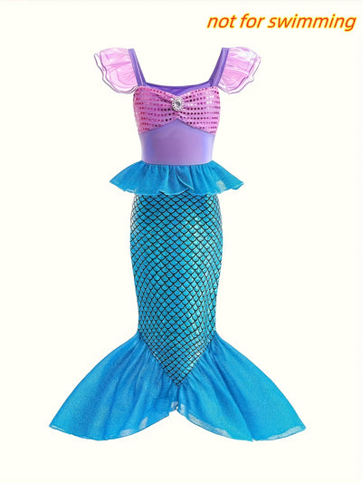 Mermaid-Inspired Princess Dress for Girls - Sleeveless, Sequin Embellished, Tulle Skirt, Not for Swimming, Ideal for Halloween & Christmas, Halloween | Mermaid Dress | Sequin Embellishments, Mermaid
