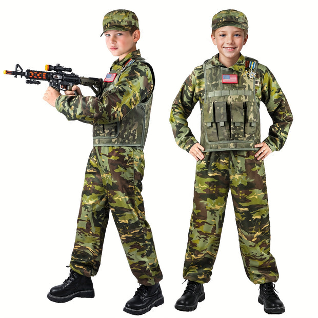 GINMIC Tactical Army Costume for Boys & Girls - Realistic Camouflage Vest with MOLLE Webbing, Pistol & Med Kit, Halloween & Christmas Outfit, Durable Polyester, Boy Costume, Best for Christmas