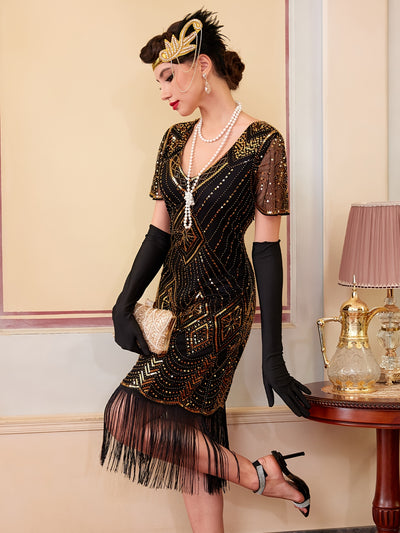 [Plus Size Flapper Dress] Vintage 1920s Gatsby Flapper Plus Size Sequined Tassel Short Sleeve Party Gown | V-Neck Beaded Sequin Skirt for Women, Elegant Event Attire, All-Season Wear