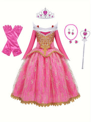 Elegant Pink Princess Dress for Girls - Long Sleeve, Lace Detail, Tulle Skirt with Golden Embroidery - Perfect for Spring, Fall, Halloween, and Christmas Parties, Halloween Costume | Elegant Lace Dress | Detailed Embroidery,