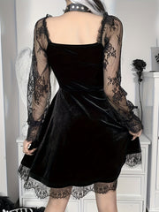 Halloween Waist-Cinching Dress, Gothic Dark Style Contrast Lace Long-Sleeve A-Line Party Performance Costume
