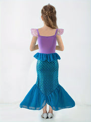 Mermaid Princess Dress with Fish Scale Print, Featuring Flutter Sleeves And a Strap Design, Perfect for Princess Parties And As a Gift for Festivals.