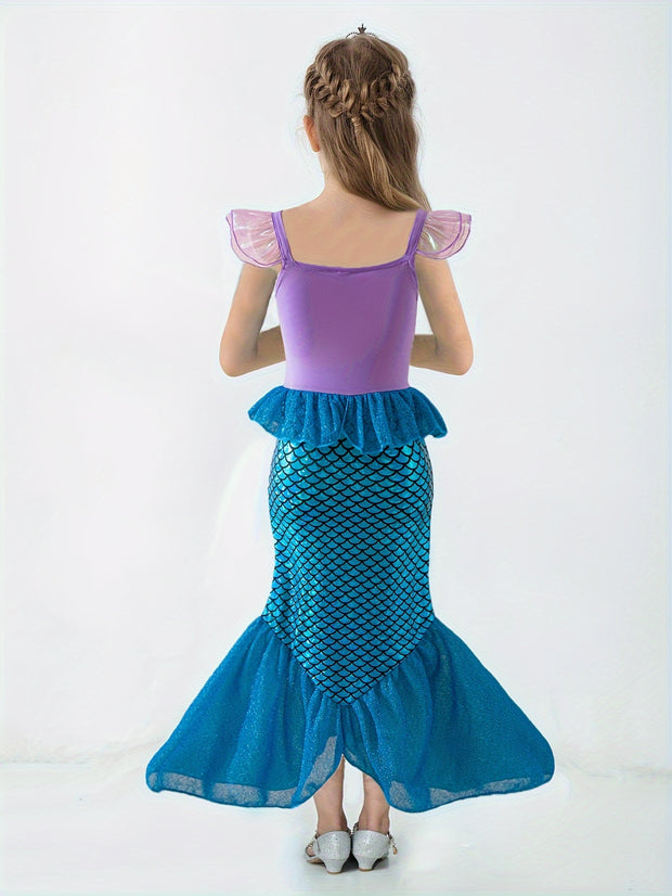 Mermaid Princess Dress with Fish Scale Print, Featuring Flutter Sleeves And a Strap Design, Perfect for Princess Parties And As a Gift for Festivals.