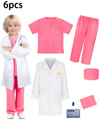 6pcs Set V-neck Top + Pants + Hat + Mask+ Name Card + Embroidered White Coat, Youngers Doctor Nurse Uniform Professional Costume Kindergarten Surgical Suit Role-playing Games Birthday Clothes Performance Party Mardi Gras, Car