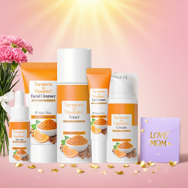 Natural Turmeric & Vitamin C 5pcs Skincare Set, Sensitive Light Beige Friendly, with Cleanser, Toner, Eye Cream, Serum, Moisurizer, Perfect Gift for Women, Affordable Beauty Gift Set, Best for Christmas, Perfect for Thanksgiv