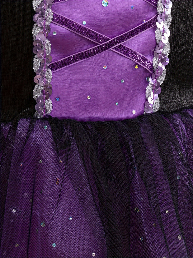 Black Lace Trumpet Sleeve Patchwork Purple Hooded Witch Dress + Witch Hat with Sparkling Sequin Decorations on the Skirt, Suitable for Halloween Gifts for 3-10 Years Old